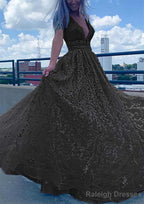 A Line V Neck Sleeveless Long Dress Floor Length Lace Tulle Prom Dress With Beading Sequins