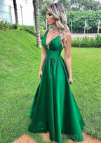 A-line V Neck Sleeveless Long/Floor-Length Satin Prom Dresses With Pleated
