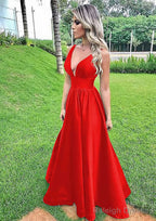 A Line V Neck Sleeveless Long Dress Floor Length Satin Prom Dress With Pleated