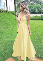 A-line V Neck Sleeveless Long/Floor-Length Satin Prom Dresses With Pleated