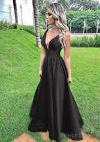 A-line V Neck Sleeveless Long/Floor-Length Satin Prom Dresses With Pleated