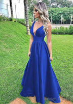 A Line V Neck Sleeveless Long Dress Floor Length Satin Prom Dress With Pleated