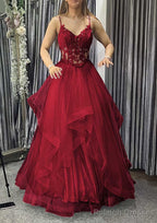 A Line V Neck Sleeveless Long Dress Floor Length Tulle Charmeuse Prom Dress With Appliqued Lace