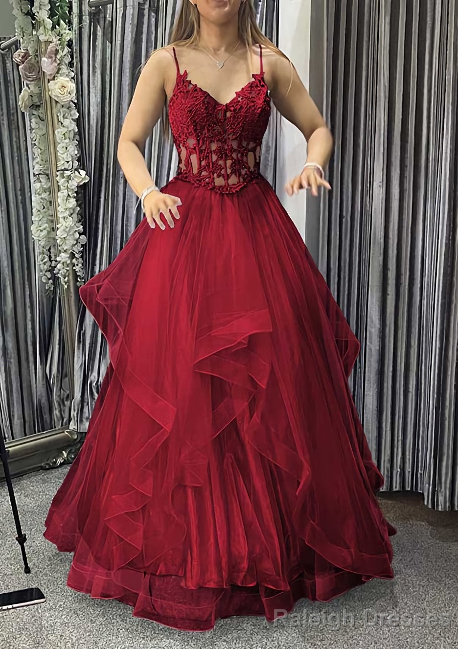 A Line V Neck Sleeveless Long Dress Floor Length Tulle Charmeuse Prom Dress With Appliqued Lace