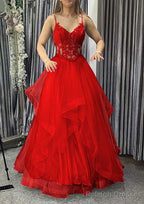 A Line V Neck Sleeveless Long Dress Floor Length Tulle Charmeuse Prom Dress With Appliqued Lace