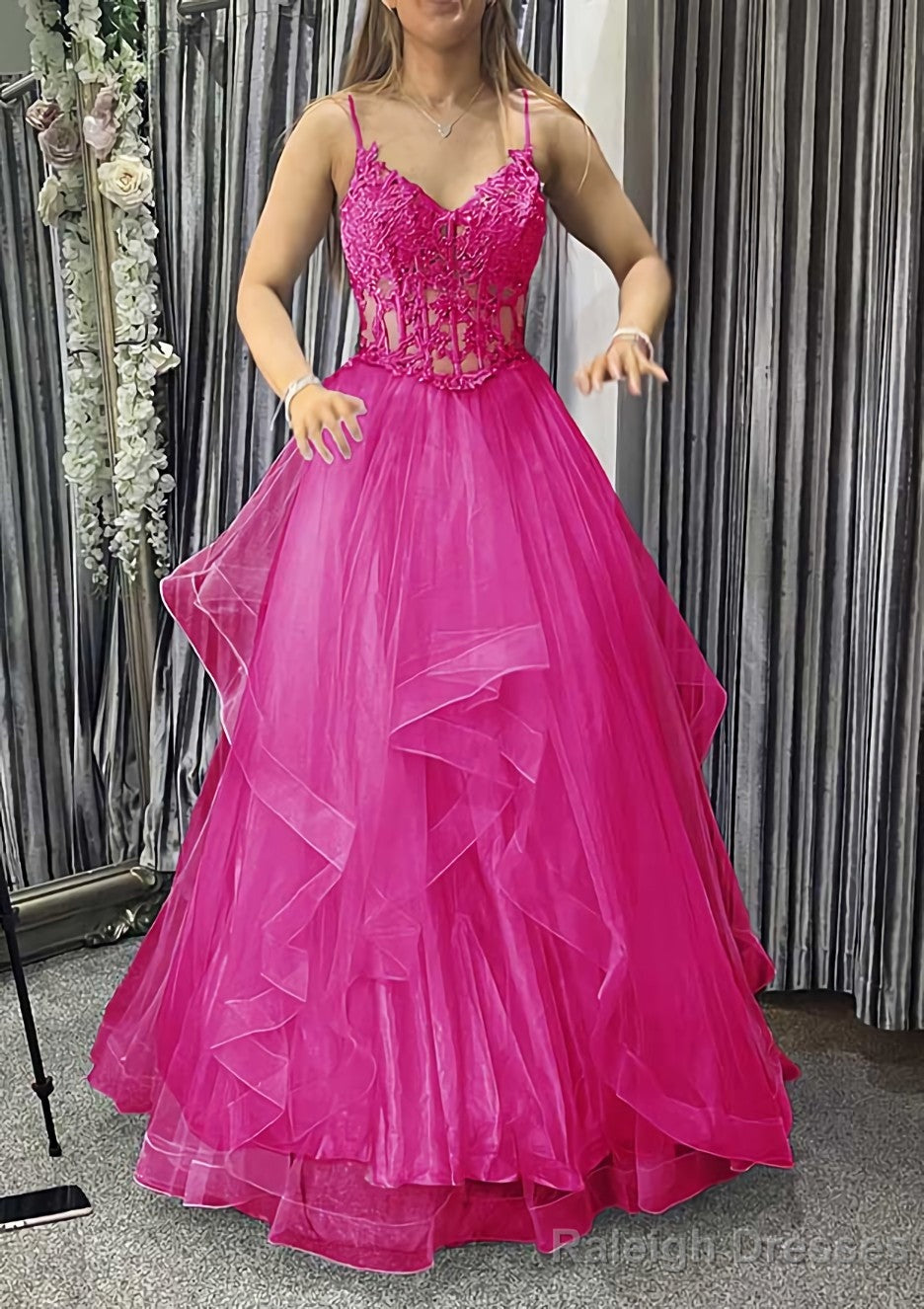 A Line V Neck Sleeveless Long Dress Floor Length Tulle Charmeuse Prom Dress With Appliqued Lace