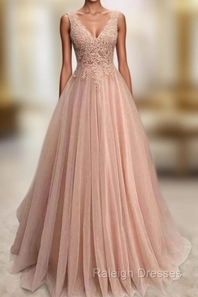 A-line V Neck Sleeveless Long/Floor-Length Tulle Glitter Prom Dress With Appliqued Beading