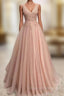 A-line V Neck Sleeveless Long/Floor-Length Tulle Glitter Prom Dress With Appliqued Beading