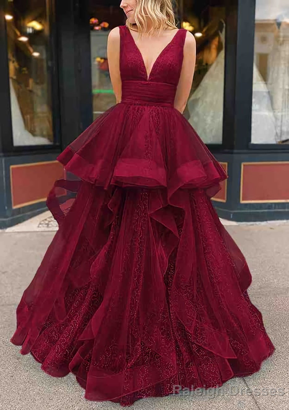 A Line V Neck Sleeveless Long Dress Floor Length Tulle Glitter Prom Dress With Pleated