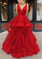 A Line V Neck Sleeveless Long Dress Floor Length Tulle Glitter Prom Dress With Pleated