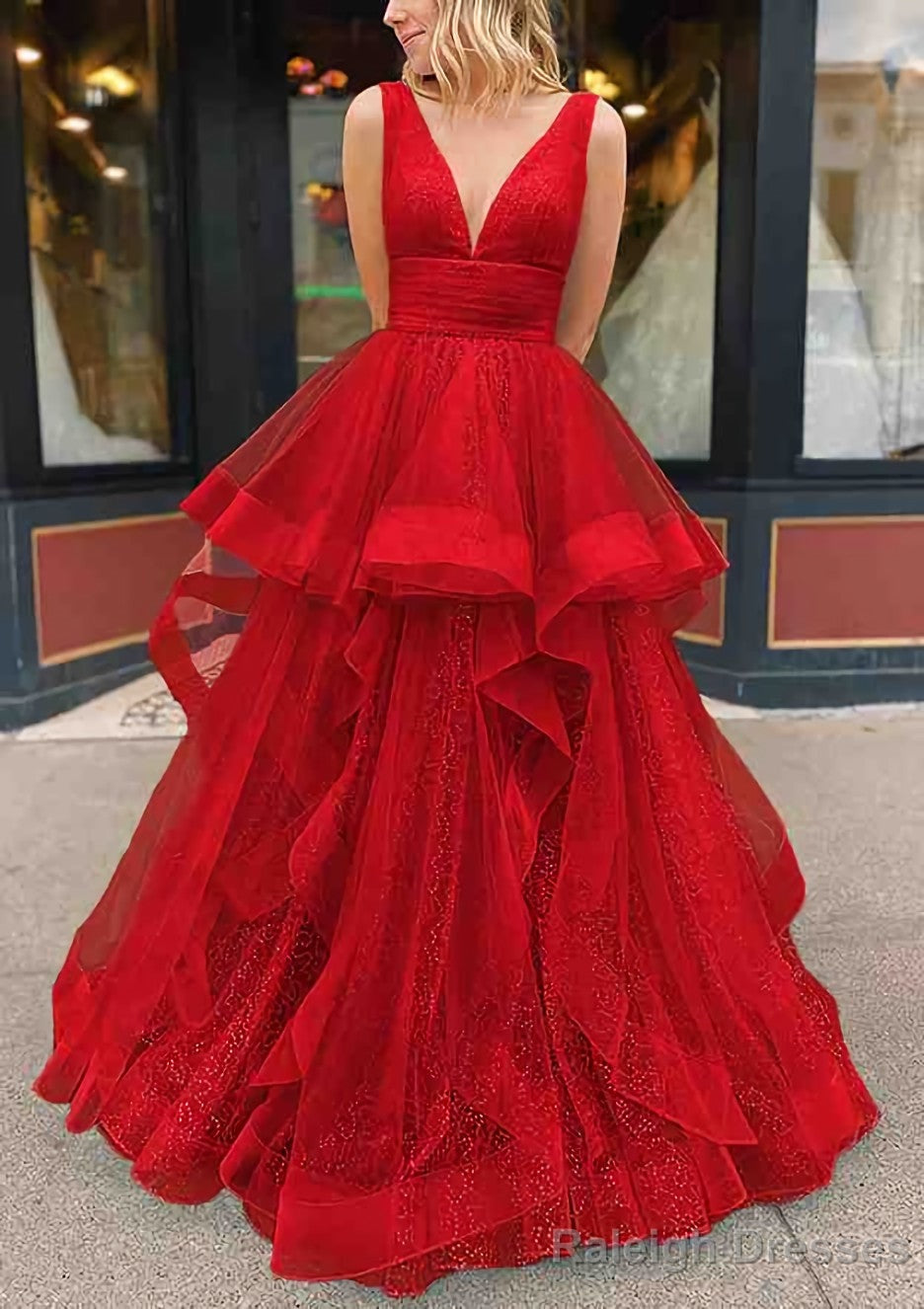 A Line V Neck Sleeveless Long Dress Floor Length Tulle Glitter Prom Dress With Pleated