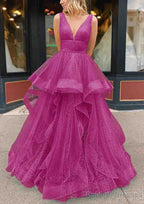 A Line V Neck Sleeveless Long Dress Floor Length Tulle Glitter Prom Dress With Pleated