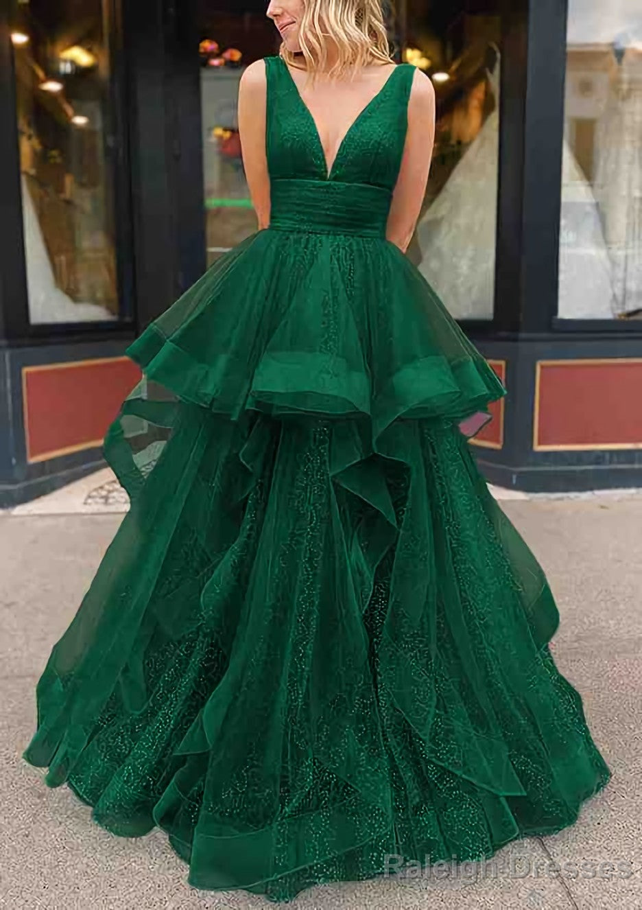 A Line V Neck Sleeveless Long Dress Floor Length Tulle Glitter Prom Dress With Pleated