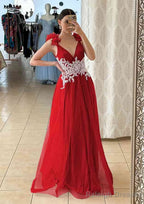 A Line V Neck Sleeveless Long Dress Floor Length Tulle Prom Dress With Appliqued Beading Flowers