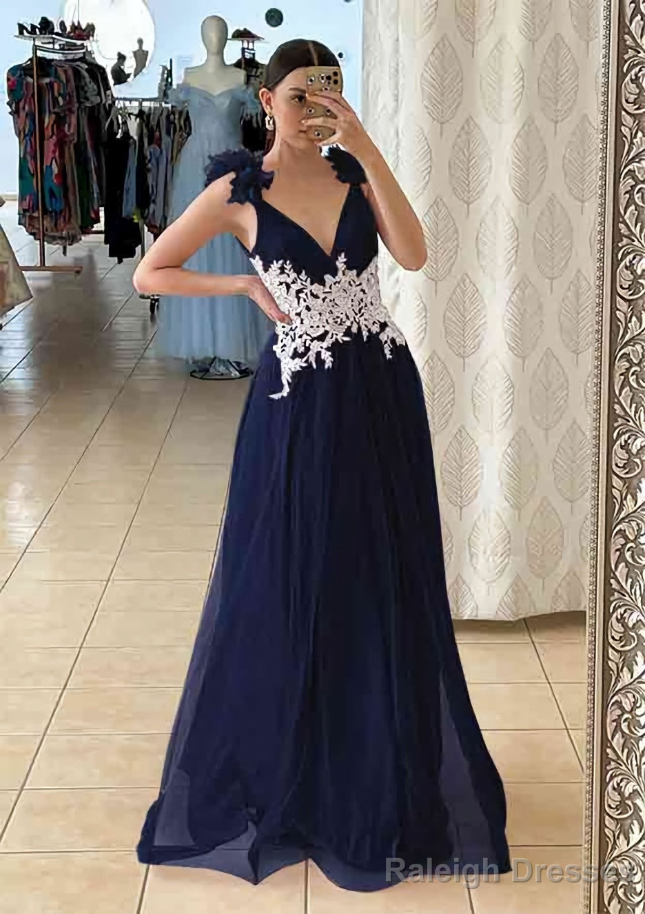 A Line V Neck Sleeveless Long Dress Floor Length Tulle Prom Dress With Appliqued Beading Flowers
