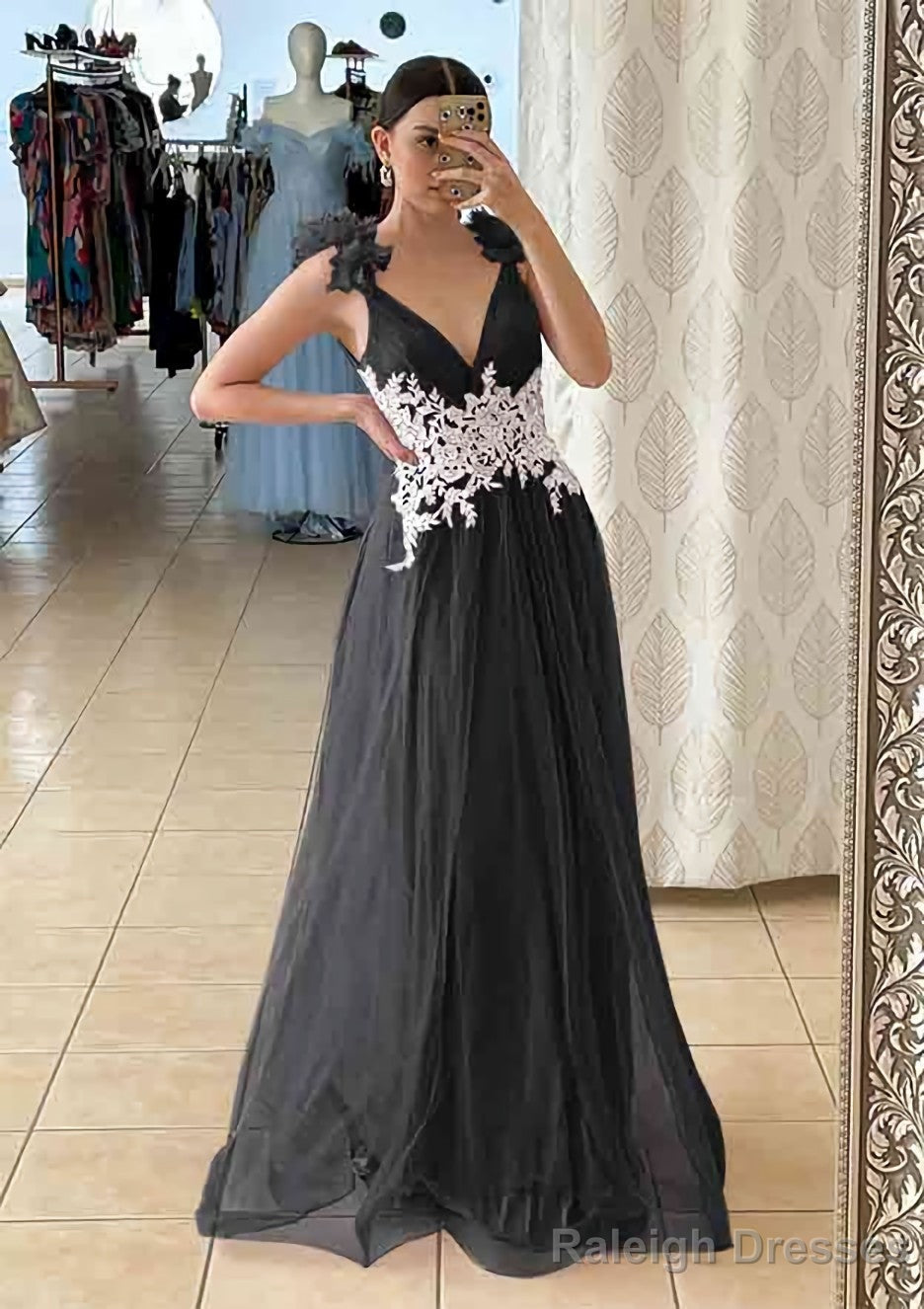 A Line V Neck Sleeveless Long Dress Floor Length Tulle Prom Dress With Appliqued Beading Flowers