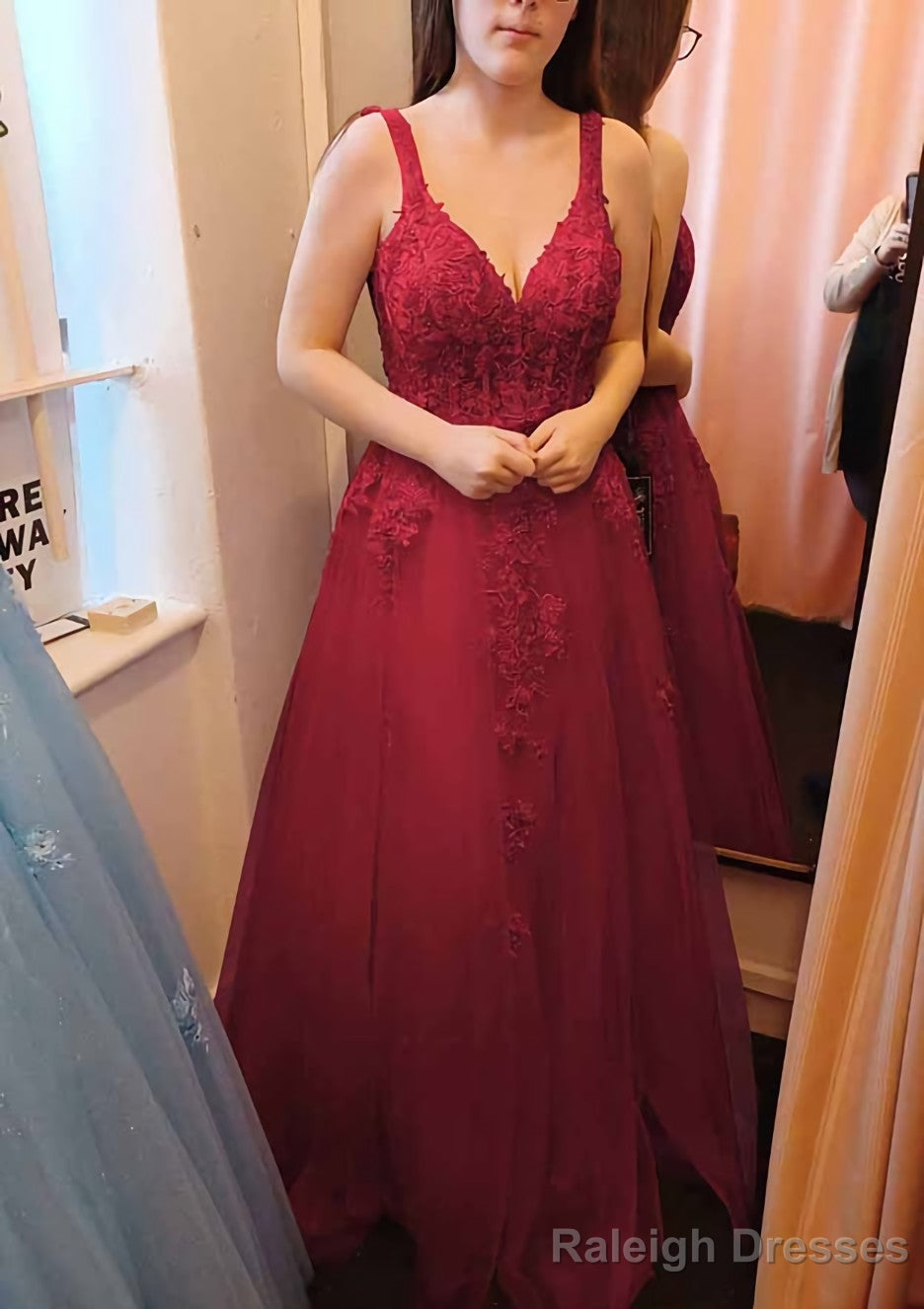 A Line V Neck Sleeveless Long Dress Floor Length Tulle Prom Dress With Appliqued Lace