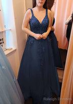 A Line V Neck Sleeveless Long Dress Floor Length Tulle Prom Dress With Appliqued Lace