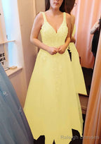 A Line V Neck Sleeveless Long Dress Floor Length Tulle Prom Dress With Appliqued Lace