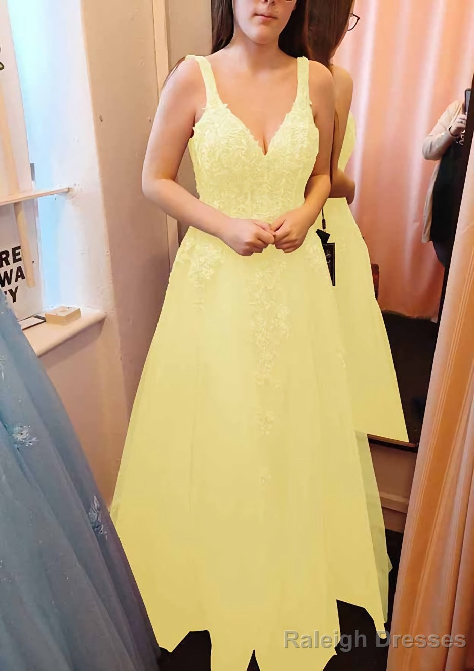 A Line V Neck Sleeveless Long Dress Floor Length Tulle Prom Dress With Appliqued Lace