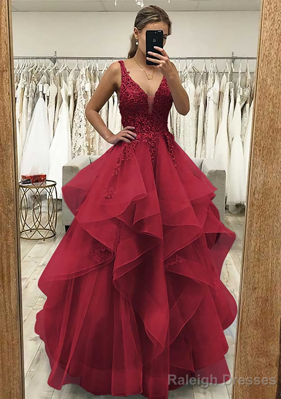 A Line V Neck Sleeveless Long Dress Floor Length Tulle Satin Prom Dress With Lace Appliqued