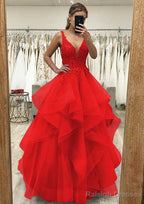 A-line V Neck Sleeveless Long/Floor-Length Tulle Satin Prom Dresses With Lace Appliqued