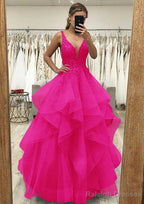 A Line V Neck Sleeveless Long Dress Floor Length Tulle Satin Prom Dress With Lace Appliqued