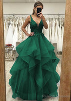 A Line V Neck Sleeveless Long Dress Floor Length Tulle Satin Prom Dress With Lace Appliqued