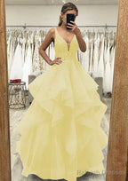 A Line V Neck Sleeveless Long Dress Floor Length Tulle Satin Prom Dress With Lace Appliqued