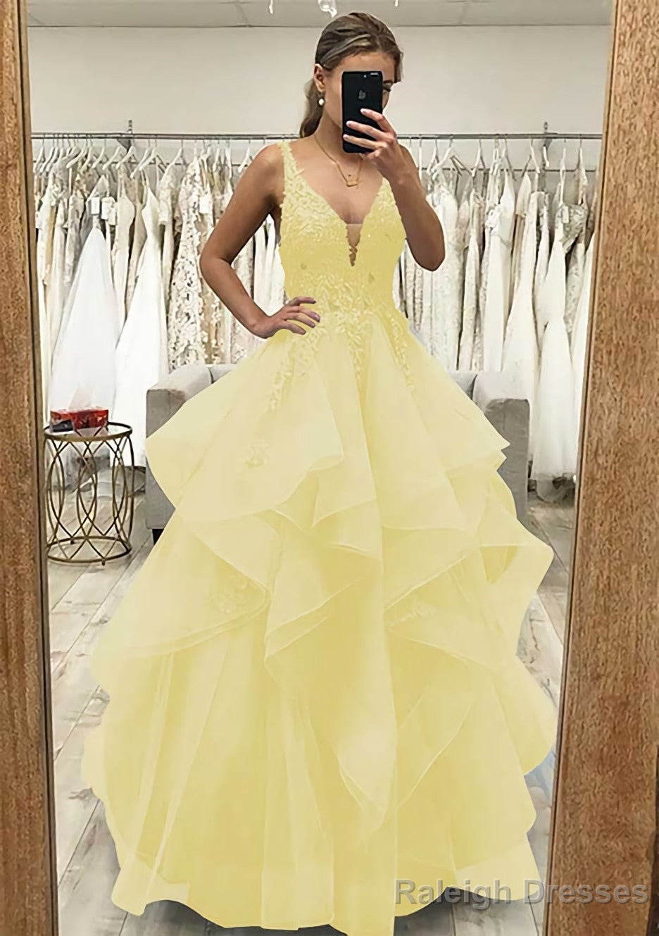 A Line V Neck Sleeveless Long Dress Floor Length Tulle Satin Prom Dress With Lace Appliqued
