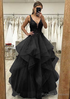 A Line V Neck Sleeveless Long Dress Floor Length Tulle Satin Prom Dress With Lace Appliqued