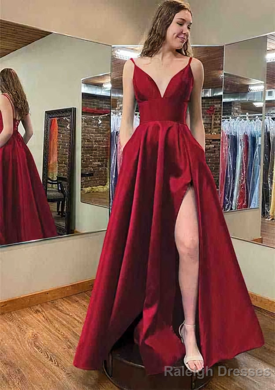 A-line V Neck Sleeveless Satin Long/Floor-Length Prom Dresses With Pockets Split