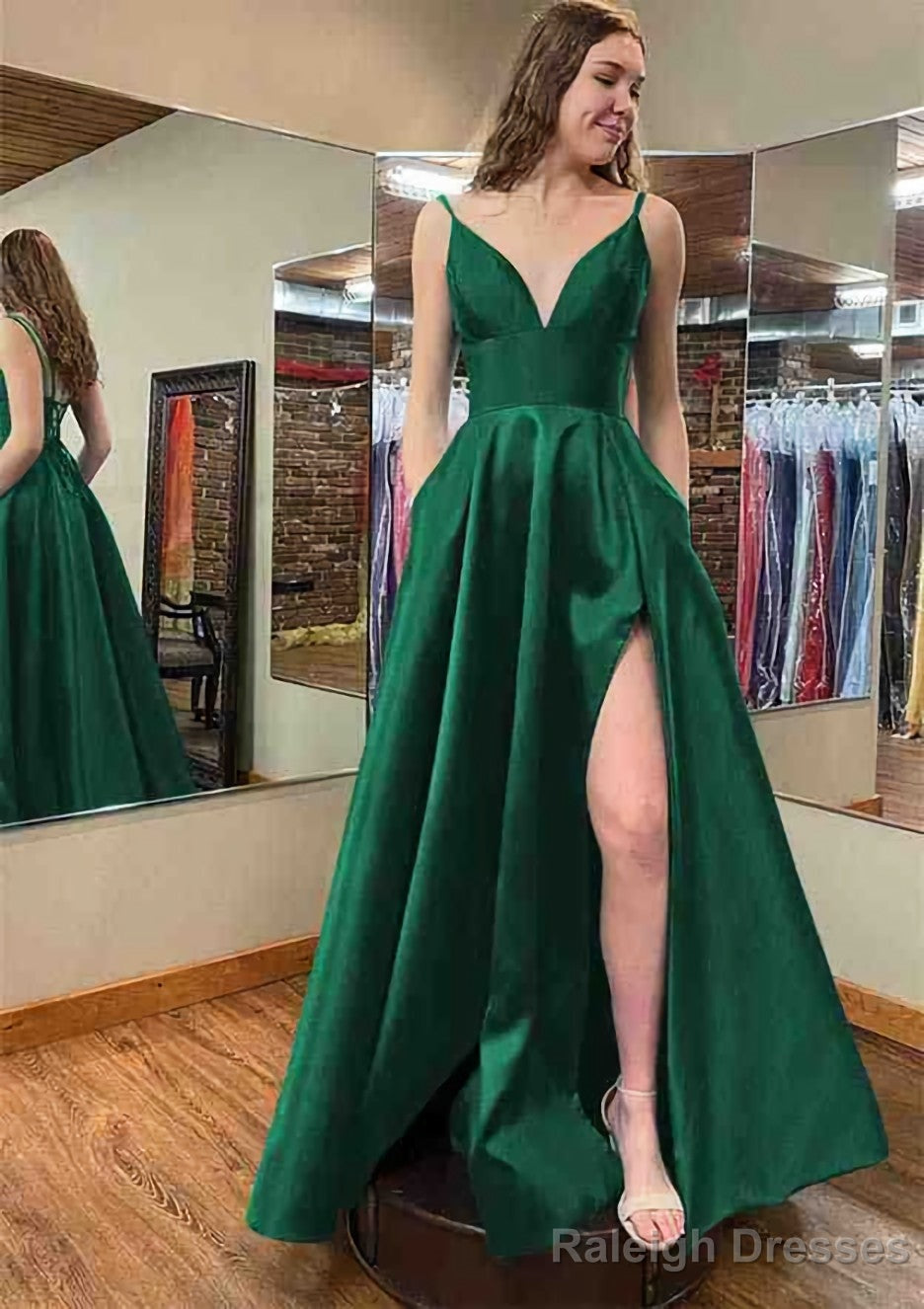 A-line V Neck Sleeveless Satin Long/Floor-Length Prom Dresses With Pockets Split