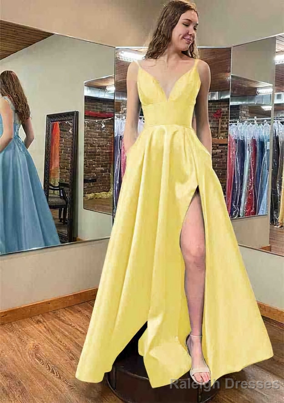 A Line V Neck Sleeveless Satin Long Dress Floor Length Prom Dress With Pockets Split