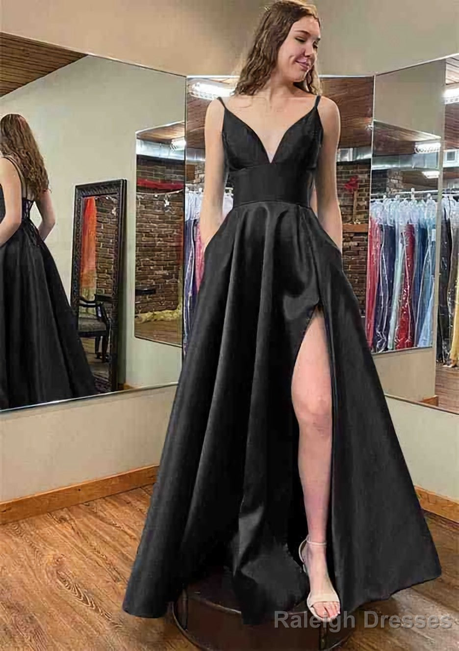 A-line V Neck Sleeveless Satin Long/Floor-Length Prom Dresses With Pockets Split