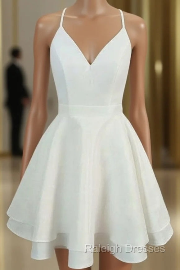 A-line V Neck Sleeveless Satin Short/Mini Homecoming Dress With Lace Main image