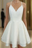 A-line V Neck Sleeveless Satin Short/Mini Homecoming Dress With Lace