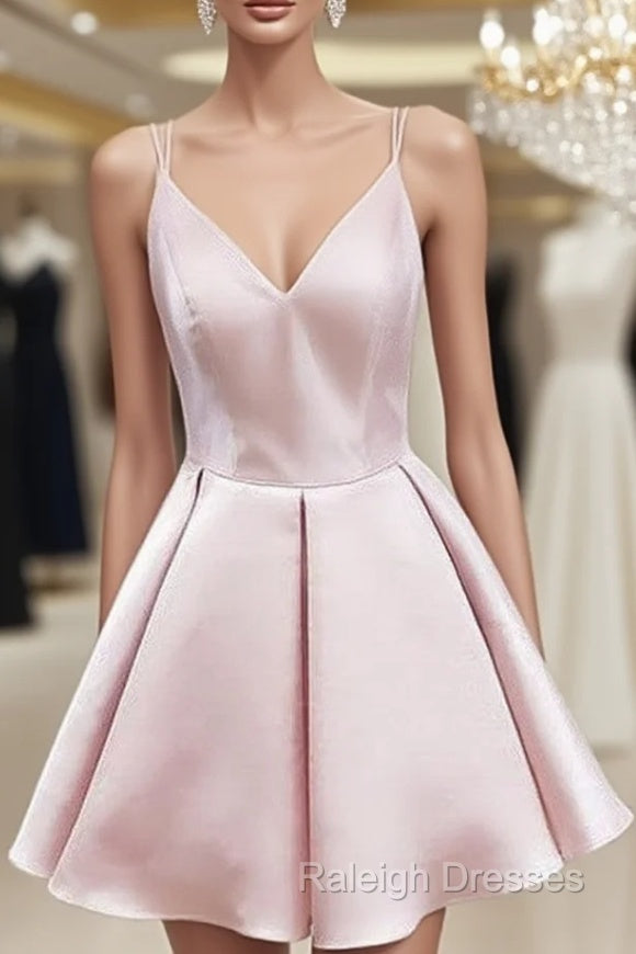 A-line V Neck Sleeveless Satin Short/Mini Homecoming Dress With Ruffles Main image