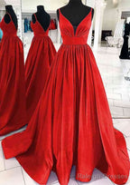 A-line V Neck Sleeveless Satin Sweep Train Prom Dresses With Pleated