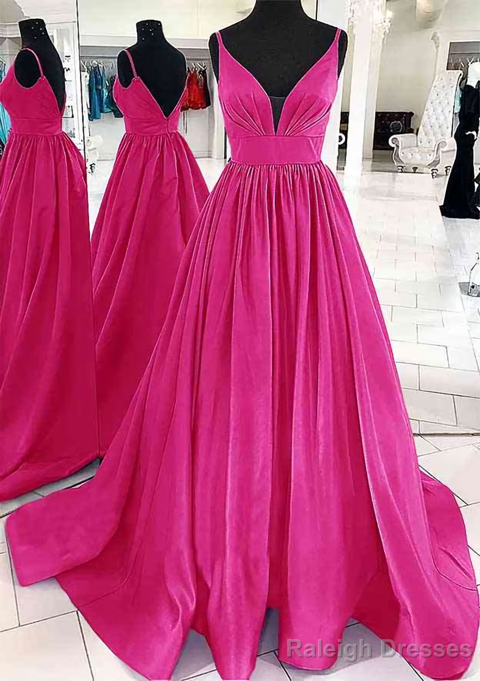 A-line V Neck Sleeveless Satin Sweep Train Prom Dresses With Pleated