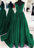 A-line V Neck Sleeveless Satin Sweep Train Prom Dresses With Pleated