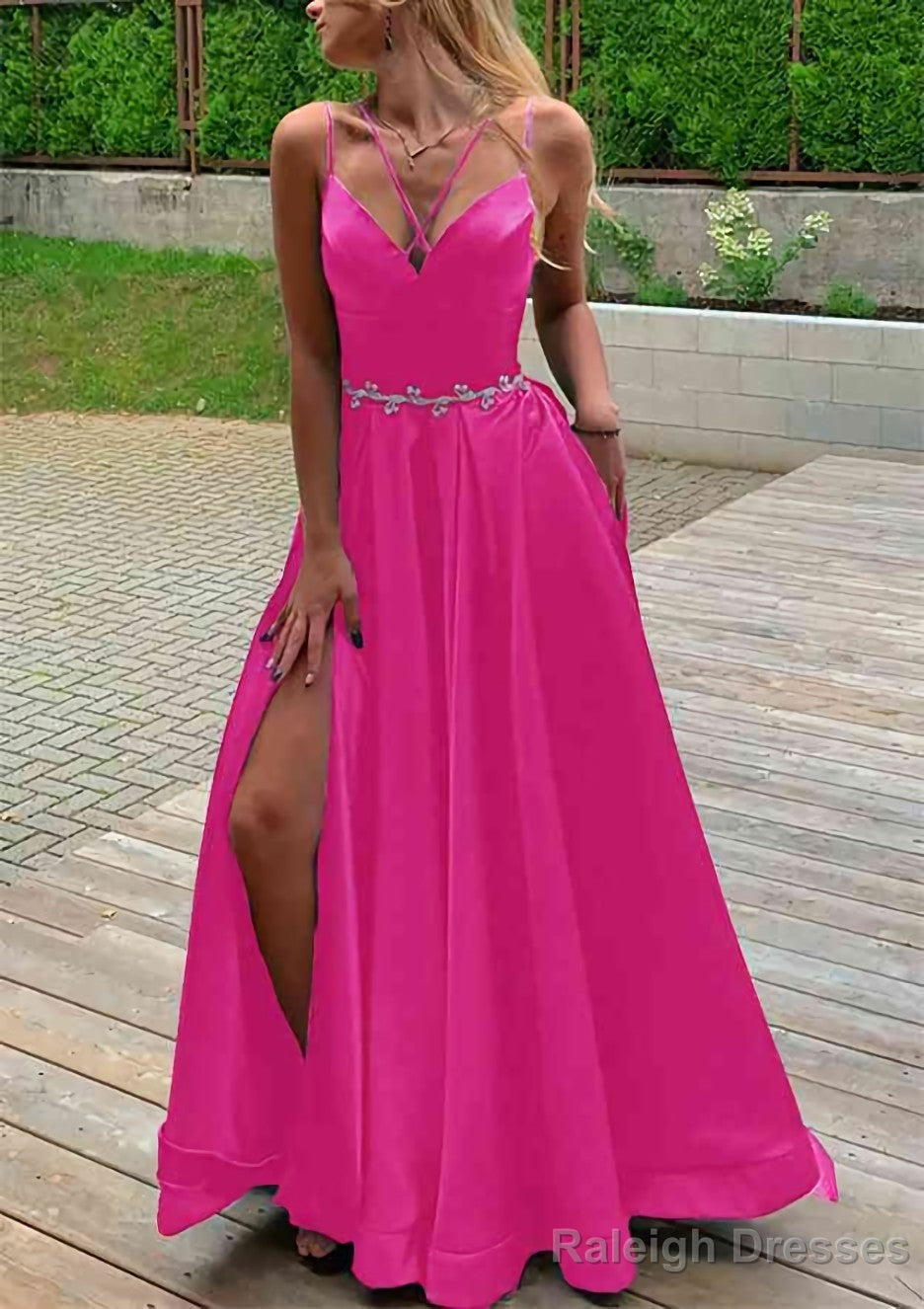 A-line V Neck Sleeveless Satin Sweep Train Prom Dresses With Pockets Waistband Split