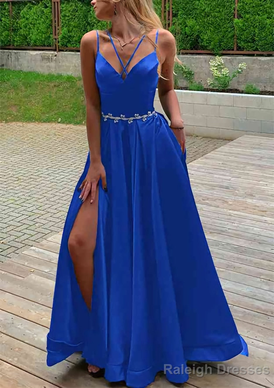 A-line V Neck Sleeveless Satin Sweep Train Prom Dresses With Pockets Waistband Split