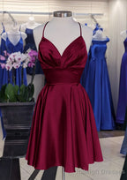 A Line V Neck Sleeveless Short Mini Charmeuse Homecoming Dress with Pleated