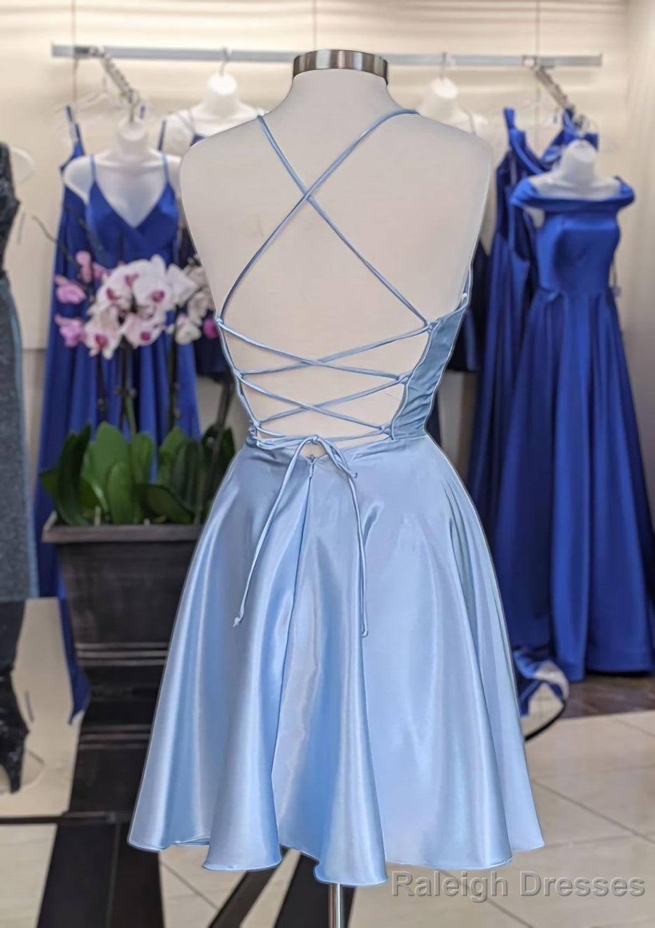 A Line V Neck Sleeveless Short Mini Charmeuse Homecoming Dress with Pleated Secondary image