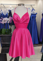 A Line V Neck Sleeveless Short Mini Charmeuse Homecoming Dress with Pleated