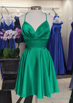 A Line V Neck Sleeveless Short Mini Charmeuse Homecoming Dress with Pleated