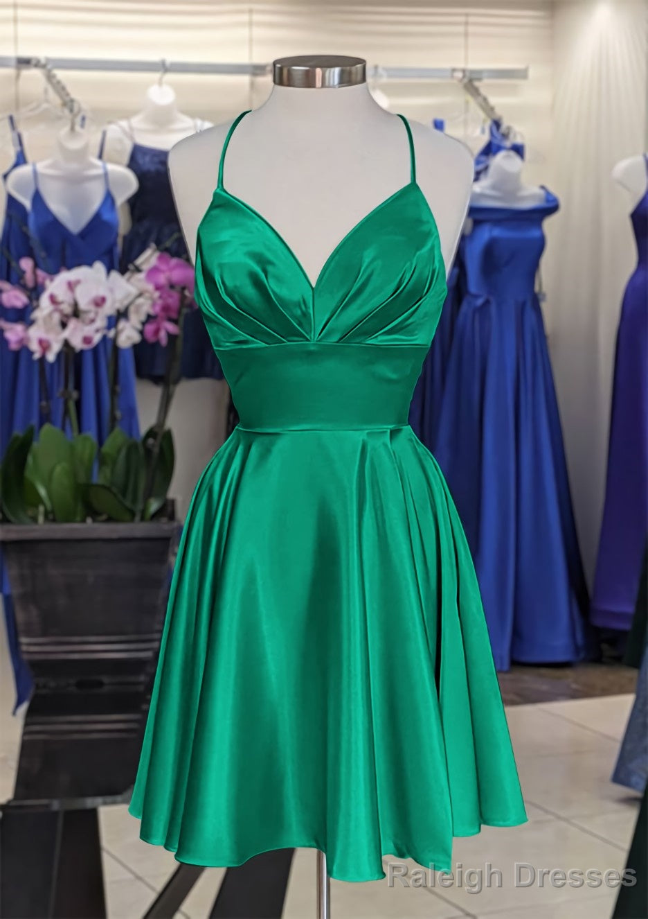 A Line V Neck Sleeveless Short Mini Charmeuse Homecoming Dress with Pleated