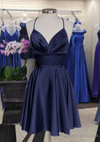 A Line V Neck Sleeveless Short Mini Charmeuse Homecoming Dress with Pleated