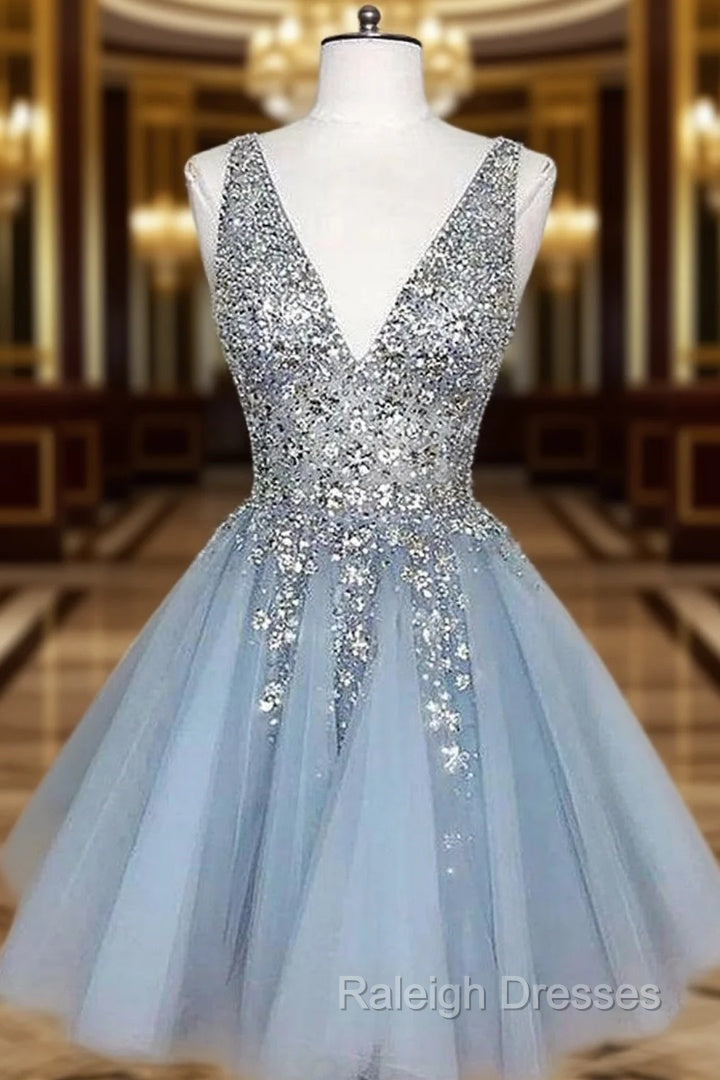 A Line V Neck Sleeveless Short Mini Homecoming Dress With Beading Ruffles Sequins Main image